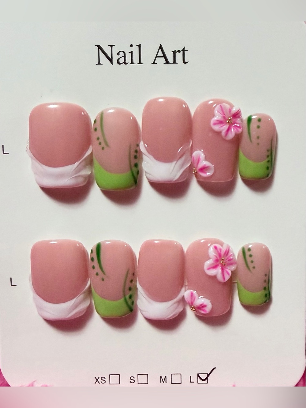 Pink Floral Press-On Nail Set with Green Accents